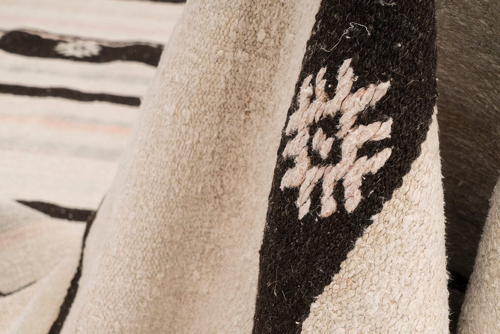  Close-up of unique geometric patterns on a hemp rug