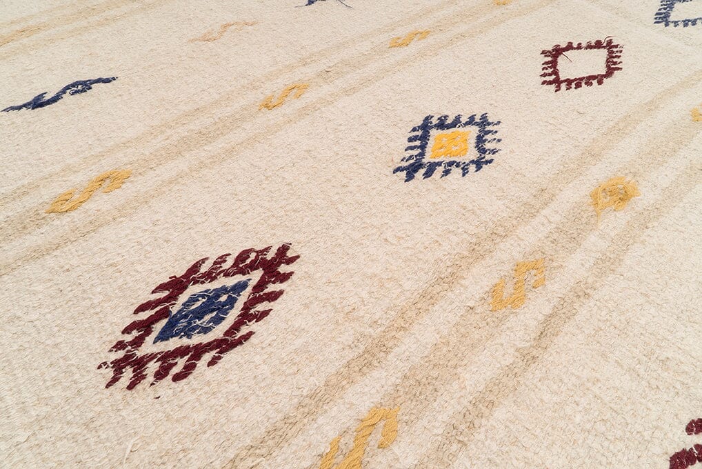  Handwoven vintage hemp rug with traditional Anatolian motifs