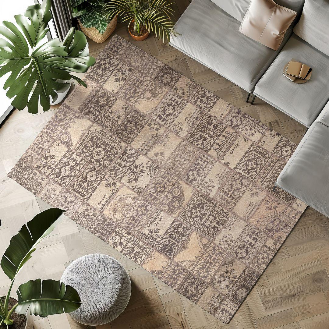 Vintage Soft Cream Blocks Turkish Rug - TUR-CRM-PAT-810-004 - Arconiz