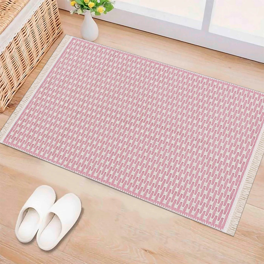 Pink Geometric Check Machine Washable Area Rug