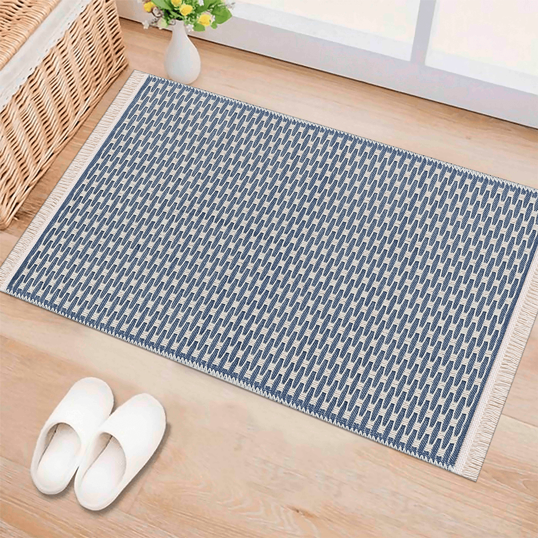 Blue Geometric Check Machine Washable Area Rug