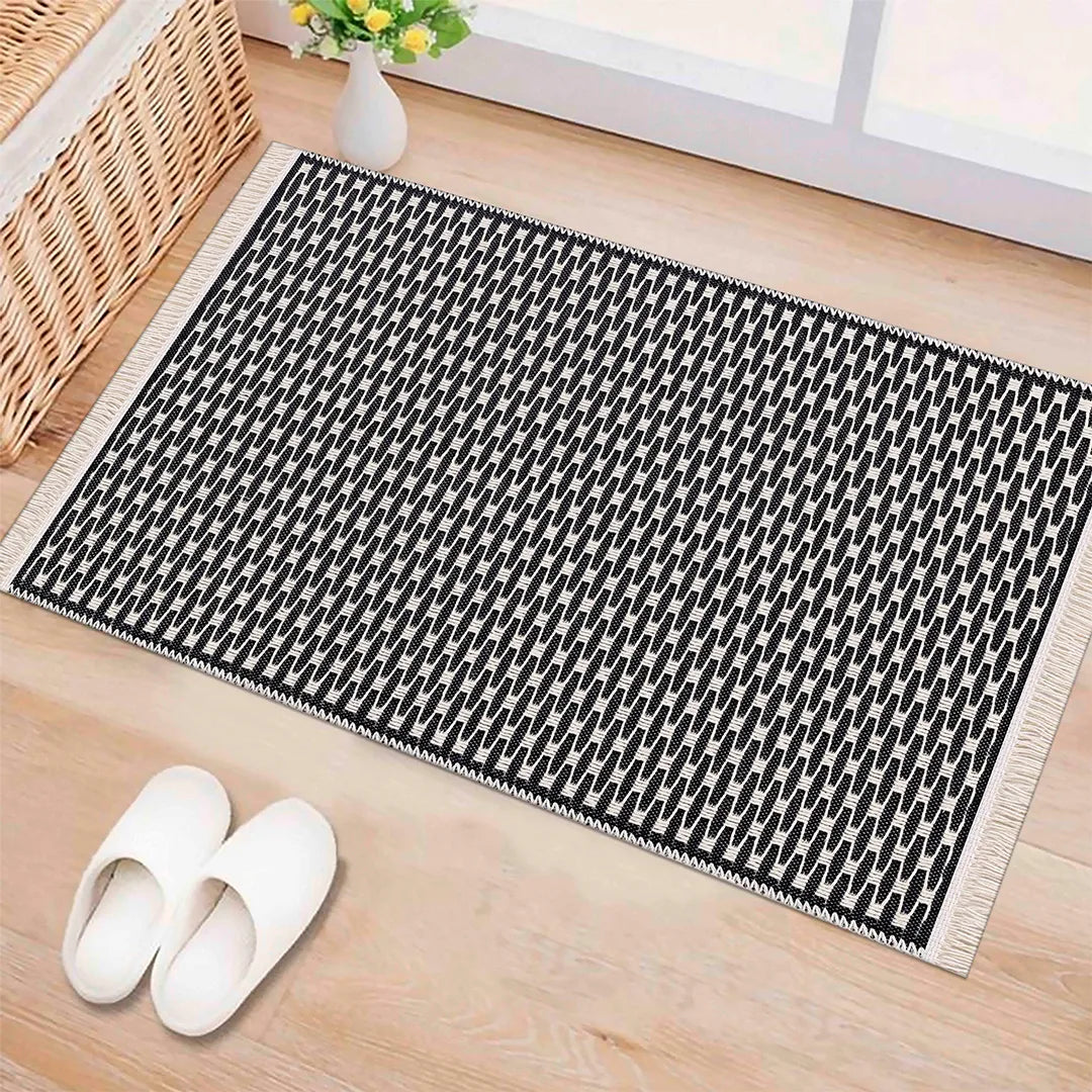 Black Geometric Check Machine Washable Area Rug