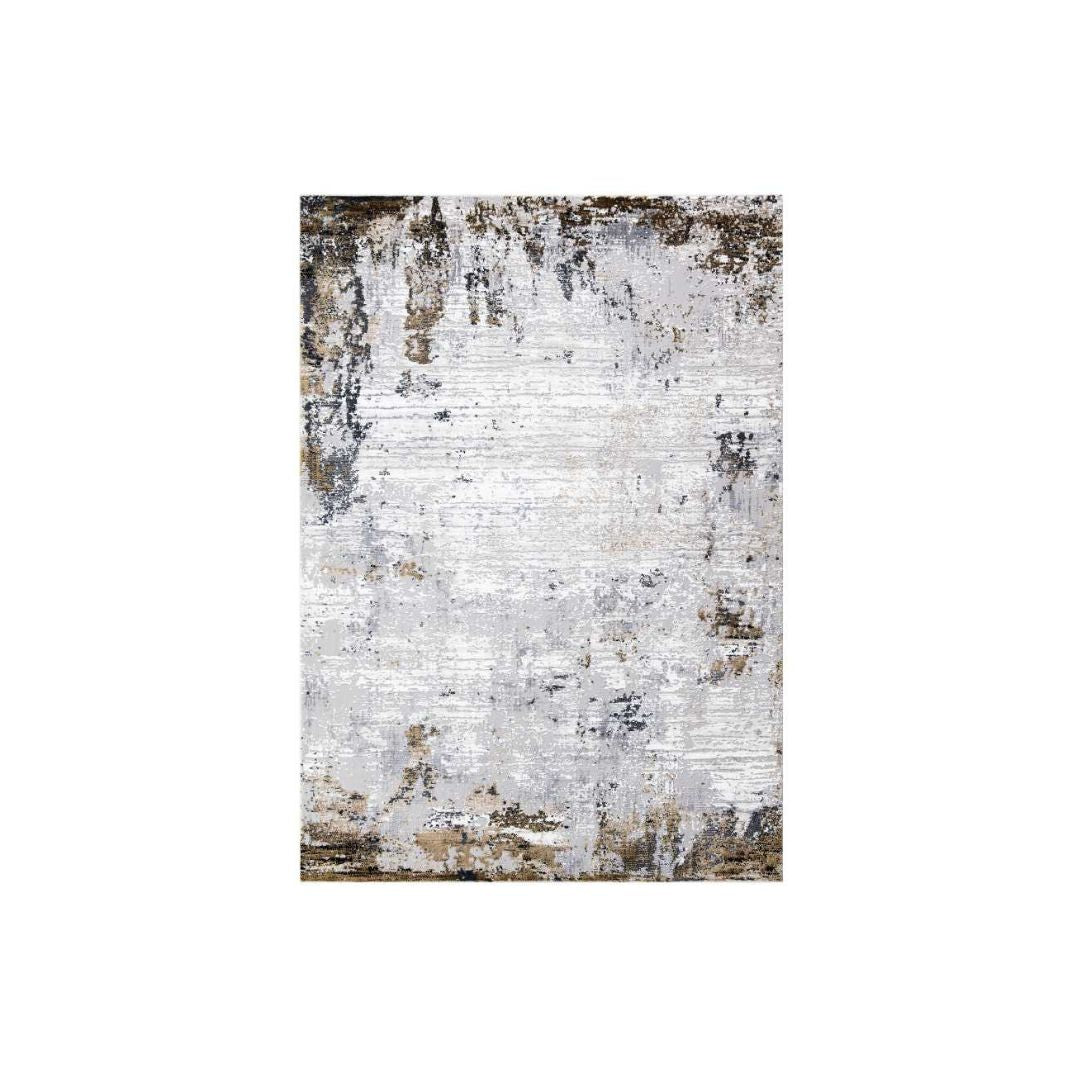 Modern abstract area rug in white, gray, and gold with high pile height, available in 5x7 and 8x10 sizes, Soft underfoot and durable for high traffic areas.