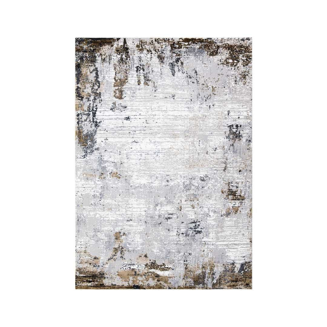 Modern abstract area rug in white, gray, and gold with high pile height, available in 5x7 and 8x10 sizes, Soft underfoot and durable for high traffic areas.