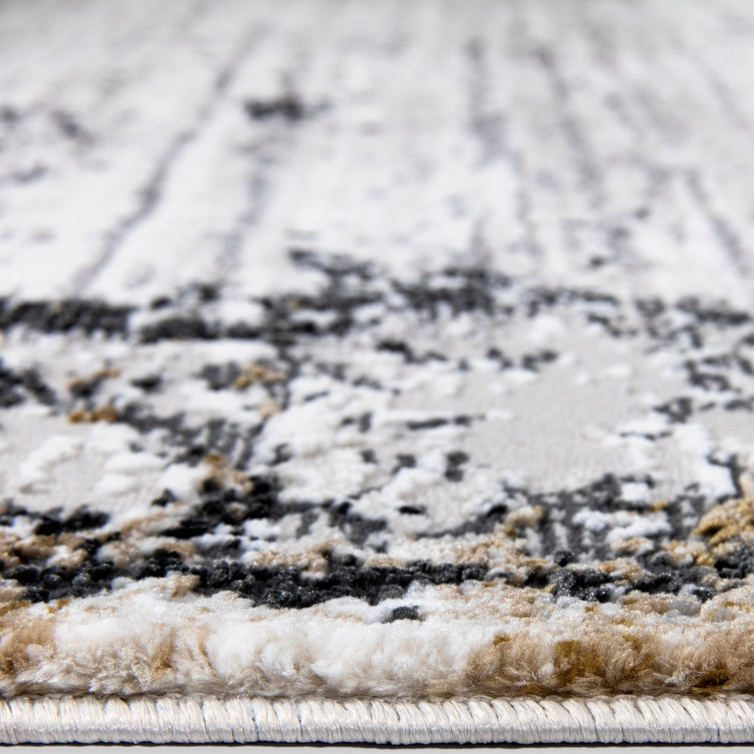 Modern abstract area rug in white, gray, and gold with high pile height, available in 5x7 and 8x10 sizes, Soft underfoot and durable for high traffic areas.