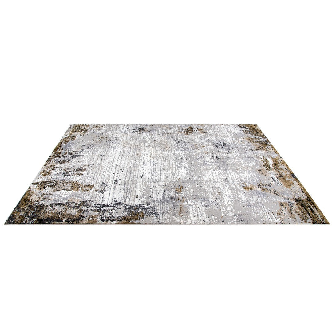 Modern abstract area rug in white, gray, and gold with high pile height, available in 5x7 and 8x10 sizes, Soft underfoot and durable for high traffic areas.