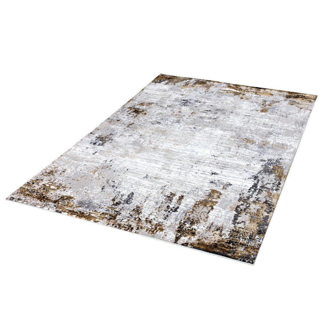 Modern abstract area rug in white, gray, and gold with high pile height, available in 5x7 and 8x10 sizes, Soft underfoot and durable for high traffic areas.