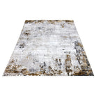 Modern abstract area rug in white, gray, and gold with high pile height, available in 5x7 and 8x10 sizes, Soft underfoot and durable for high traffic areas.