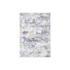 Modern abstract area rug with high pile height, blue and gray geometric pattern, soft and durable for high traffic areas, available sizes 5x7 and 8x10, no shedding