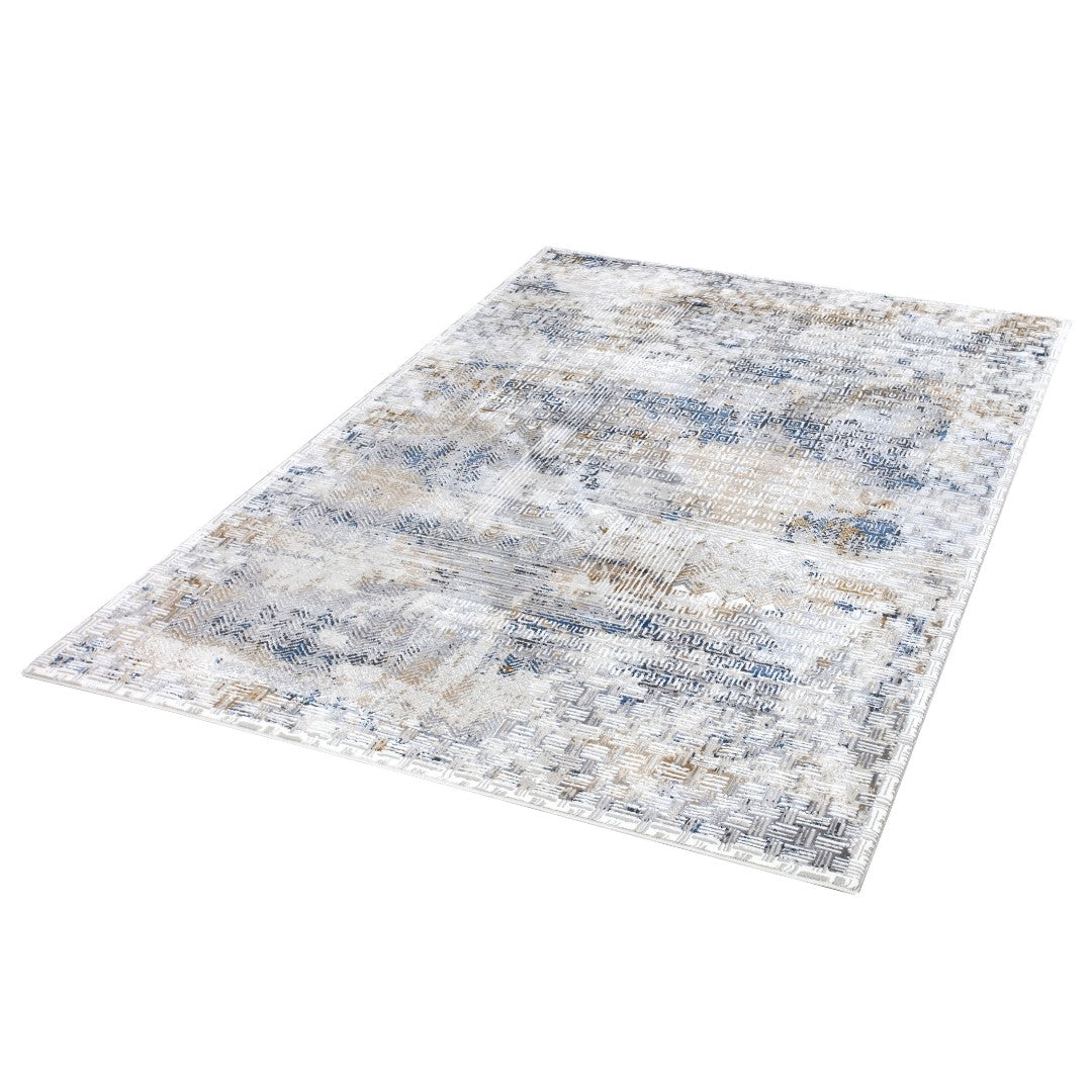 Modern abstract area rug with high pile height, blue and gray geometric pattern, soft and durable for high traffic areas, available sizes 5x7 and 8x10, no shedding