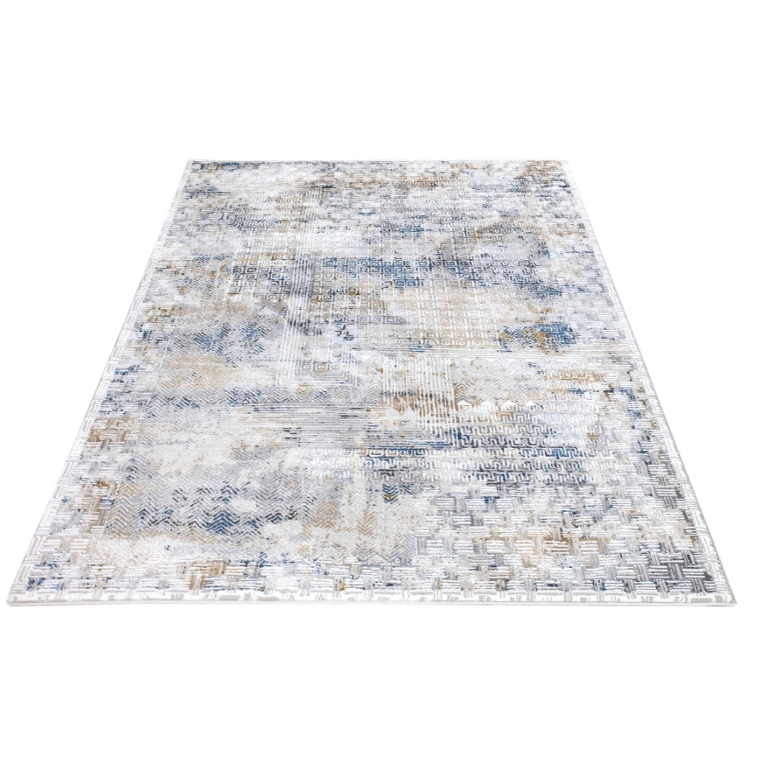 Modern abstract area rug with high pile height, blue and gray geometric pattern, soft and durable for high traffic areas, available sizes 5x7 and 8x10, no shedding