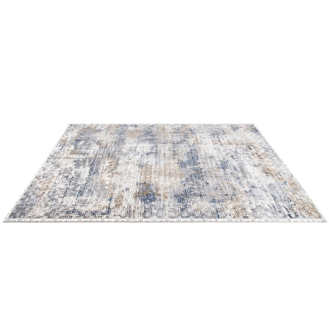 Modern abstract area rug with high pile height, blue and gray geometric pattern, soft and durable for high traffic areas, available sizes 5x7 and 8x10, no shedding