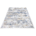 Modern abstract area rug with high pile height, blue and gray geometric pattern, soft and durable for high traffic areas, available sizes 5x7 and 8x10, no shedding