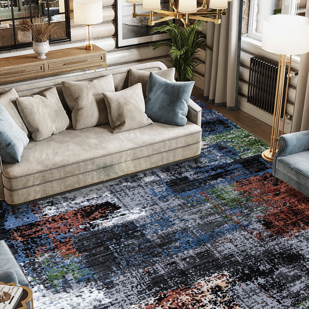 5x7 or 8x10 Multicolor Abstract Area Rug with high pile height, soft underfoot, durable for high traffic areas, no shedding, thick and high density.