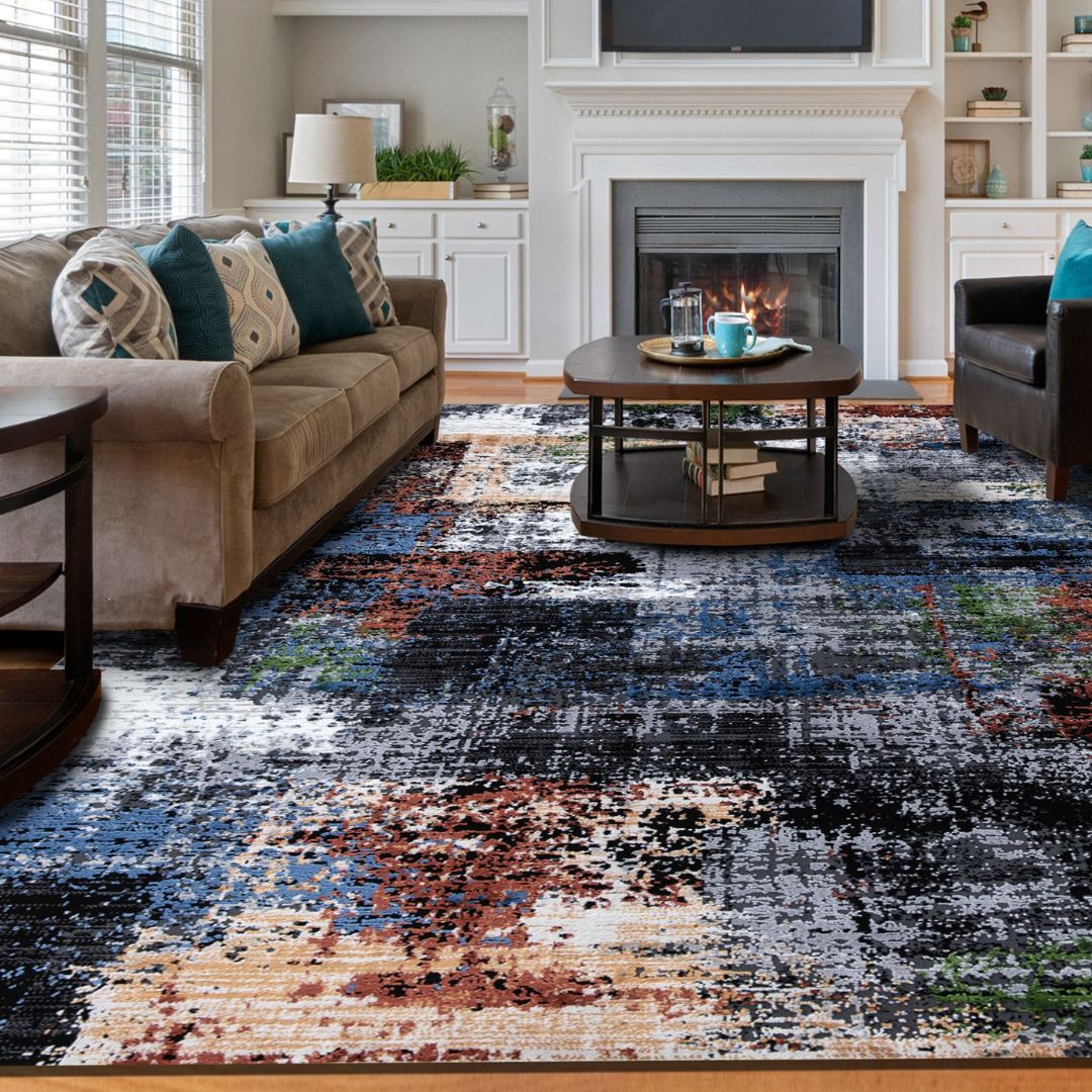 5x7 or 8x10 Multicolor Abstract Area Rug with high pile height, soft underfoot, durable for high traffic areas, no shedding, thick and high density.