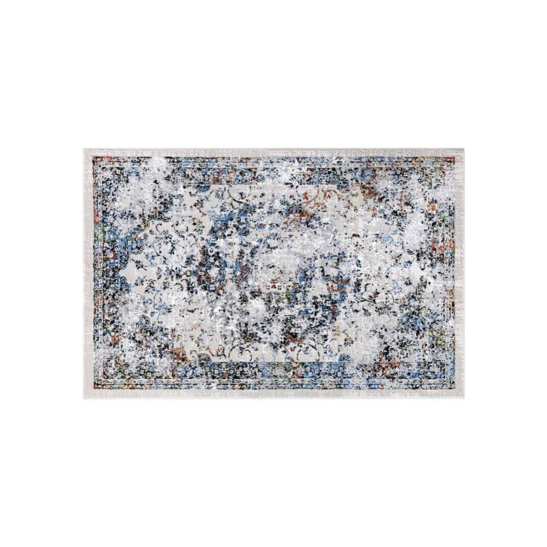 White multicolor abstract area rug with soft high pile, thick and durable for high traffic, no shedding, modern distressed design