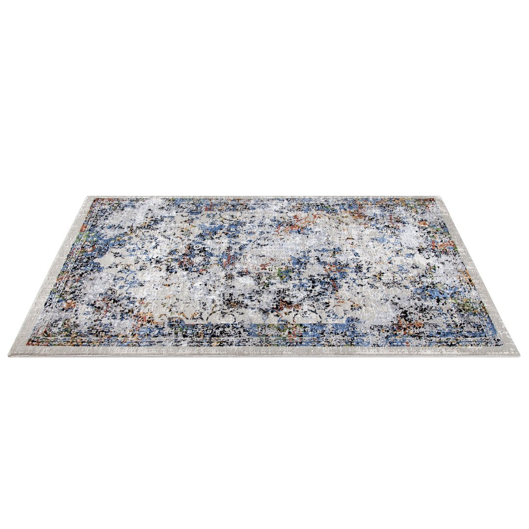 White multicolor abstract area rug with soft high pile, thick and durable for high traffic, no shedding, modern distressed design