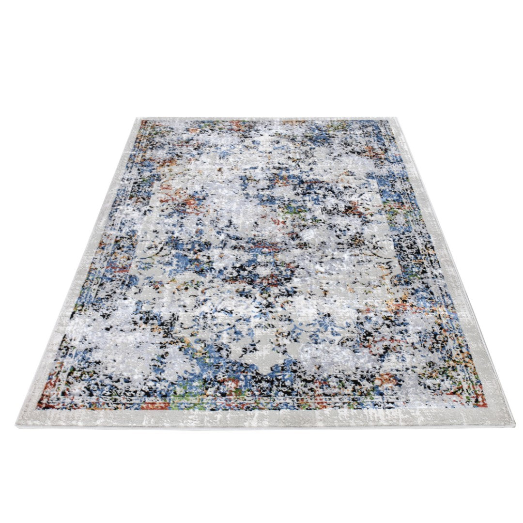 White multicolor abstract area rug with soft high pile, thick and durable for high traffic, no shedding, modern distressed design