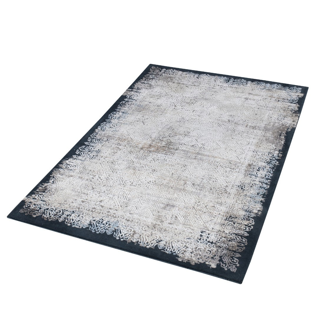 Vintage distressed area rug in gray and white, decorative border, medallion design, super soft, high-density, thick, durable for high traffic, available in 3x5 and 8x10 sizes