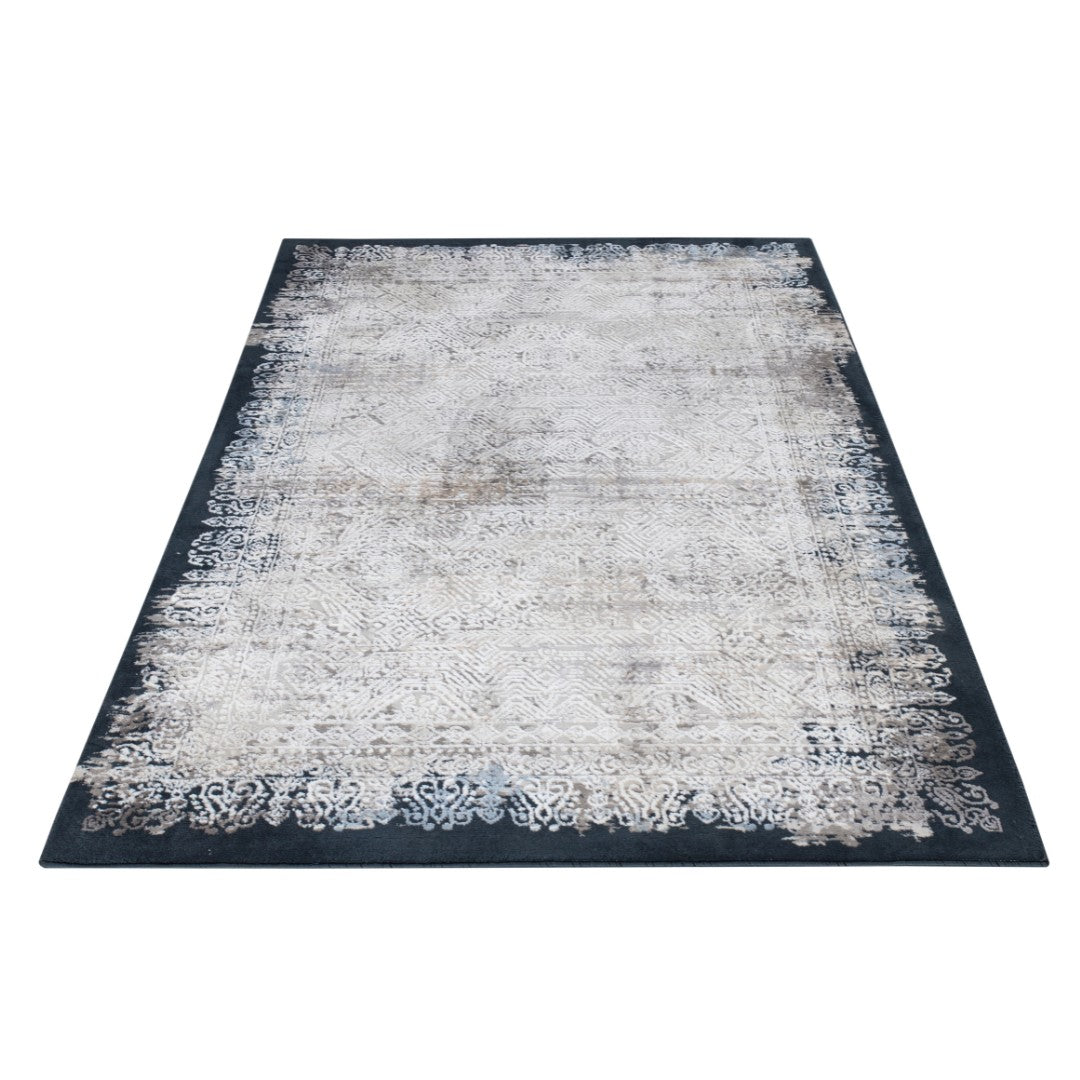 Vintage distressed area rug in gray and white, decorative border, medallion design, super soft, high-density, thick, durable for high traffic, available in 3x5 and 8x10 sizes