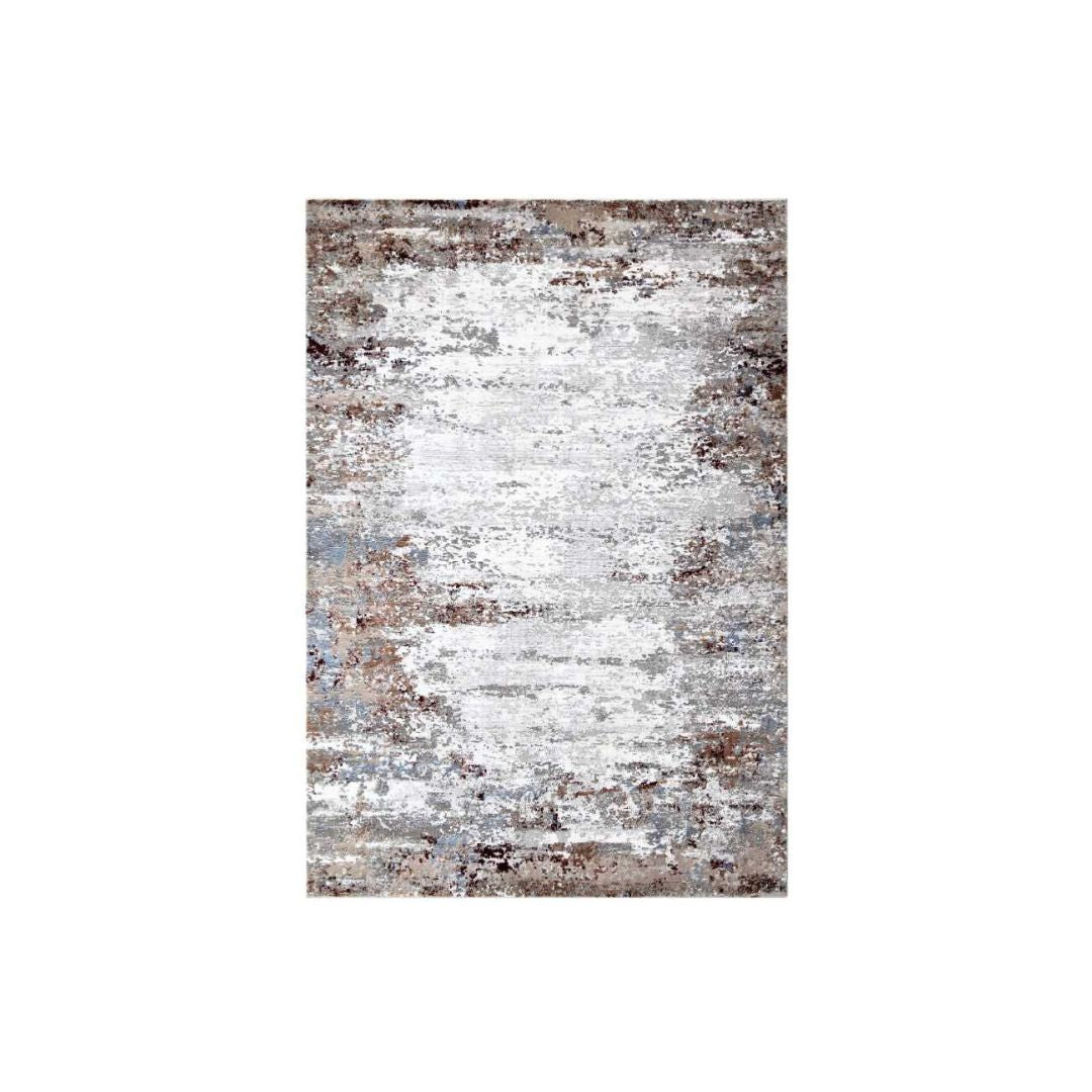 5x7 and 8x10 distressed area rug in silver gray with brown and beige accents, vintage and abstract design, thick and soft underfoot