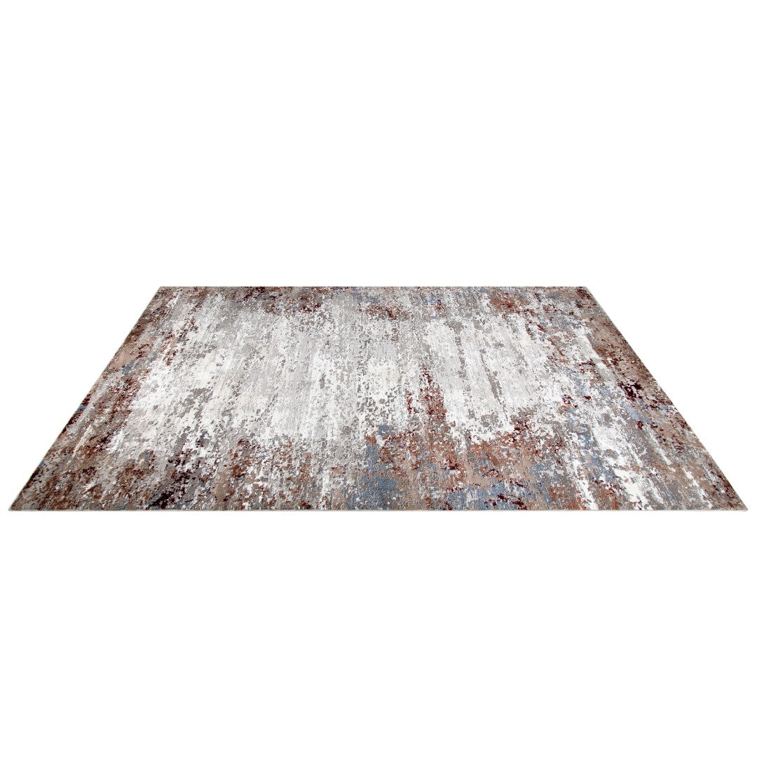 5x7 and 8x10 distressed area rug in silver gray with brown and beige accents, vintage and abstract design, thick and soft underfoot