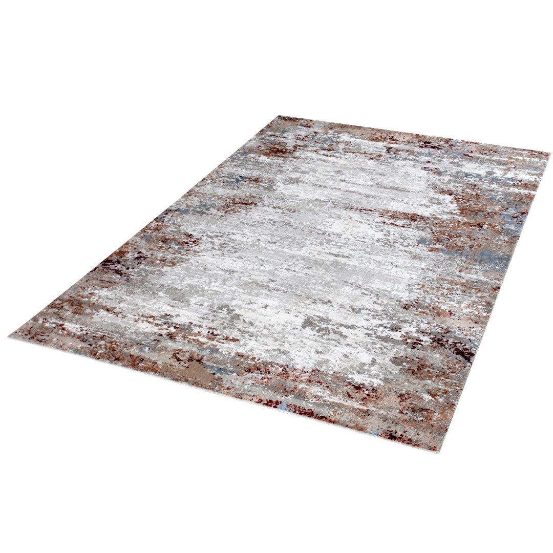 5x7 and 8x10 distressed area rug in silver gray with brown and beige accents, vintage and abstract design, thick and soft underfoot