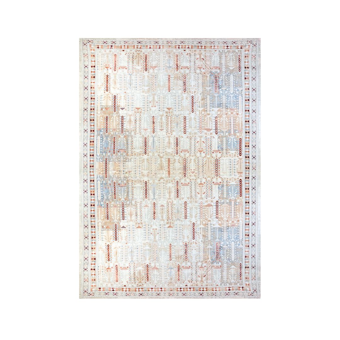 Bohemian geometric area rug 8x10, ivory cream, high pile, soft, durable for high traffic, tribal pattern, vintage distressed look, medallion design