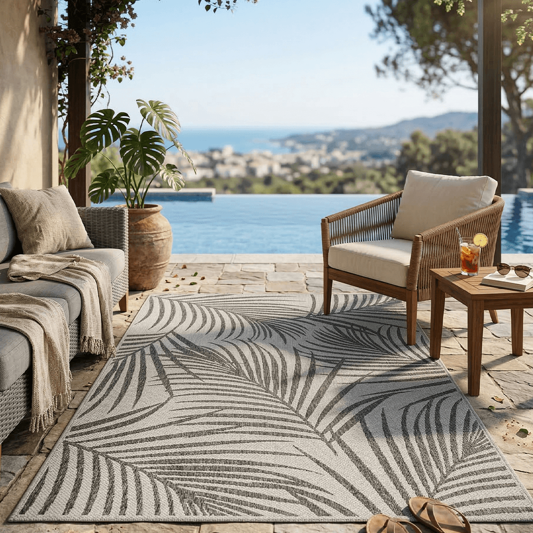 Gray Botanical Leaves Outdoor Area Rug