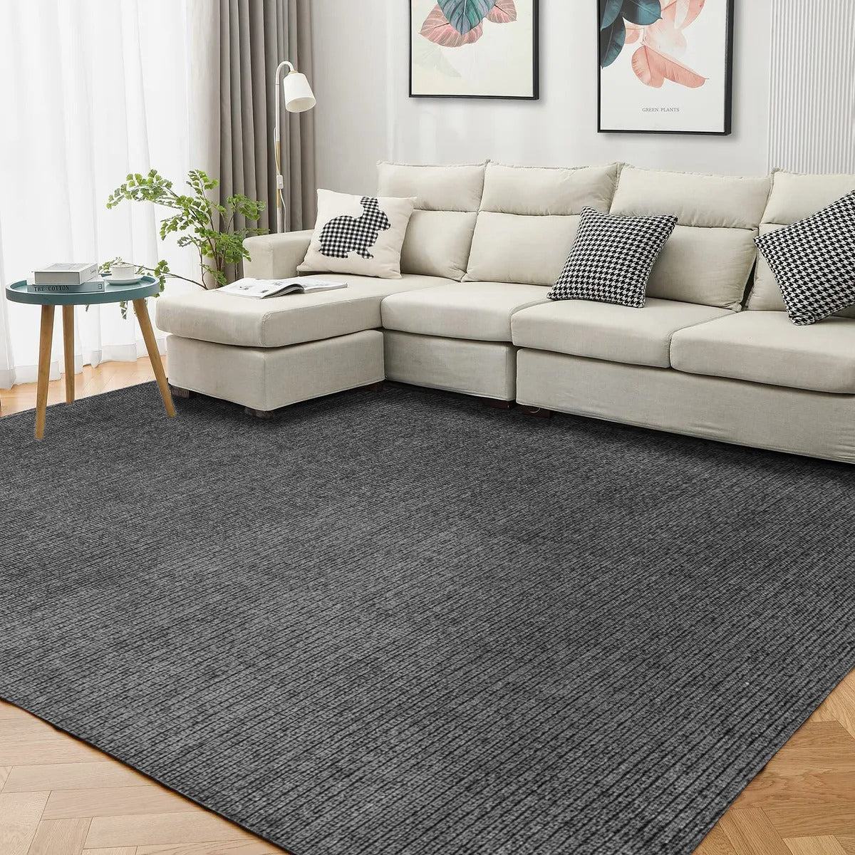 Machine washable solid dark gray area rug, 100% recycled material, kid and pet-friendly, eco-friendly