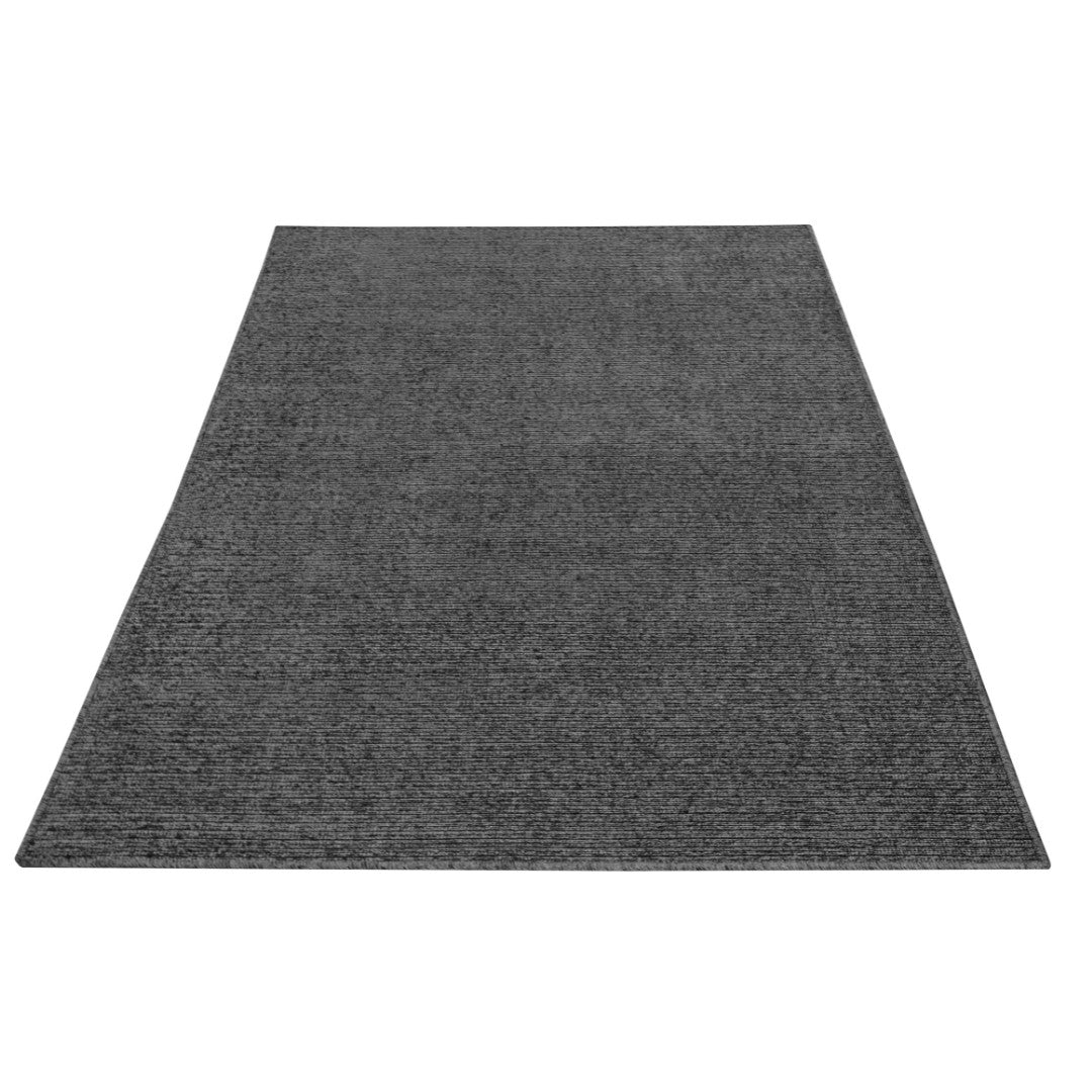 Machine washable solid dark gray area rug, 100% recycled material, kid and pet-friendly, eco-friendly