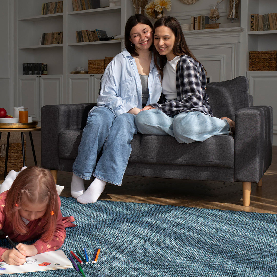 Machine washable solid blue area rug in slate blue color, made from recycled materials, kid and pet-friendly, available in sizes 2x6, 3x5, 5x7, 8x10