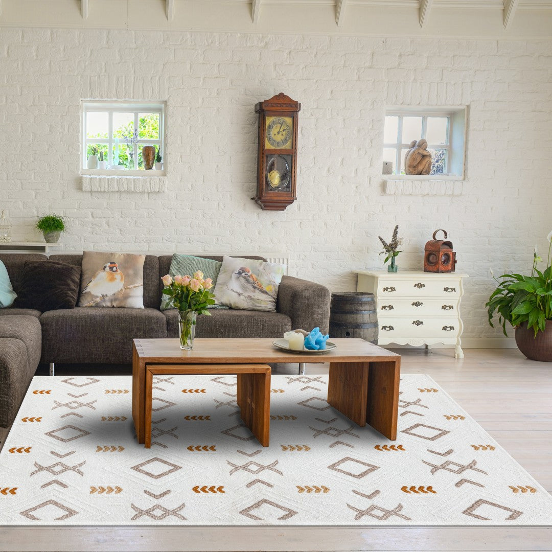 Reversible and machine washable geometric area rug for living room - white and orange, available in 3x5, 5x7, 8x20