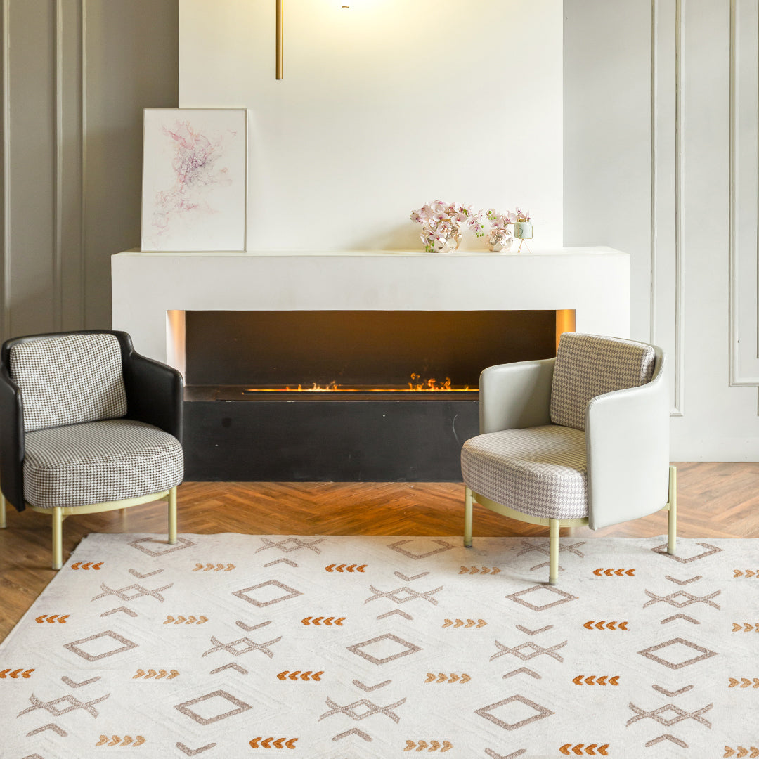 Reversible and machine washable geometric area rug for living room - white and orange, available in 3x5, 5x7, 8x17