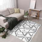 Machine washable reversible brown and white geometric area rug, eco-friendly recycled material, kid and pet friendly, tribal pattern, available in 3x5, 5x7, and 8x10 sizes