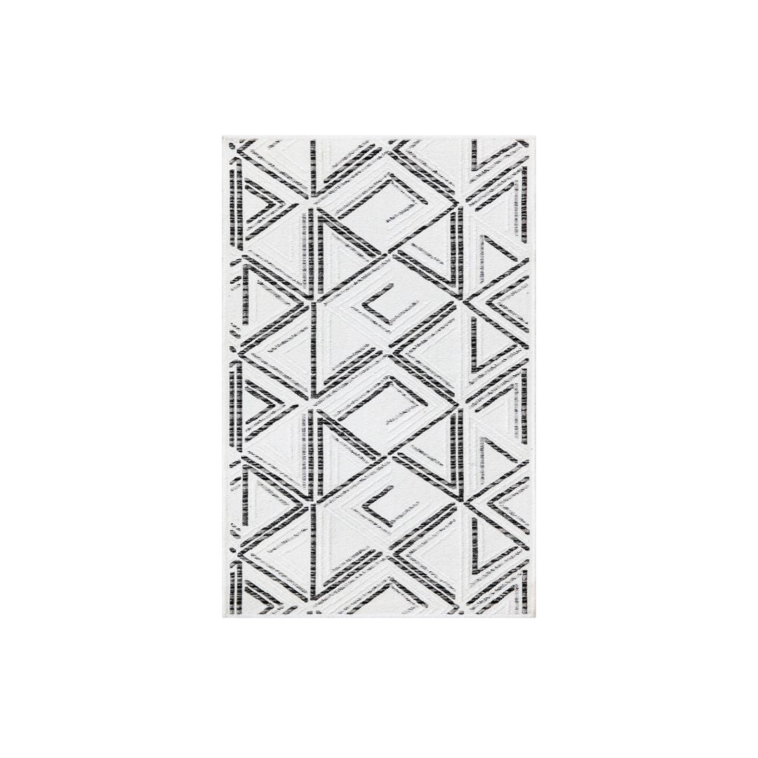 Machine washable reversible brown and white geometric area rug, eco-friendly recycled material, kid and pet friendly, tribal pattern, available in 3x5, 5x7, and 8x10 sizes