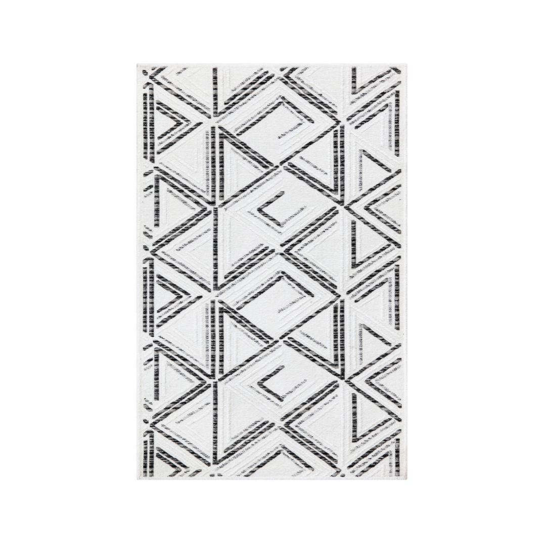 Machine washable reversible brown and white geometric area rug, eco-friendly recycled material, kid and pet friendly, tribal pattern, available in 3x5, 5x7, and 8x10 sizes