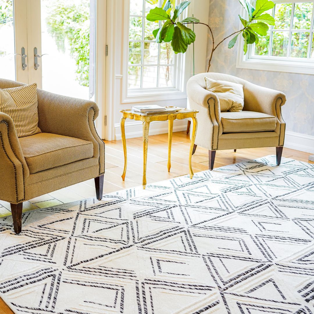 Machine washable reversible brown and white geometric area rug, eco-friendly recycled material, kid and pet friendly, tribal pattern, available in 3x5, 5x7, and 8x10 sizes