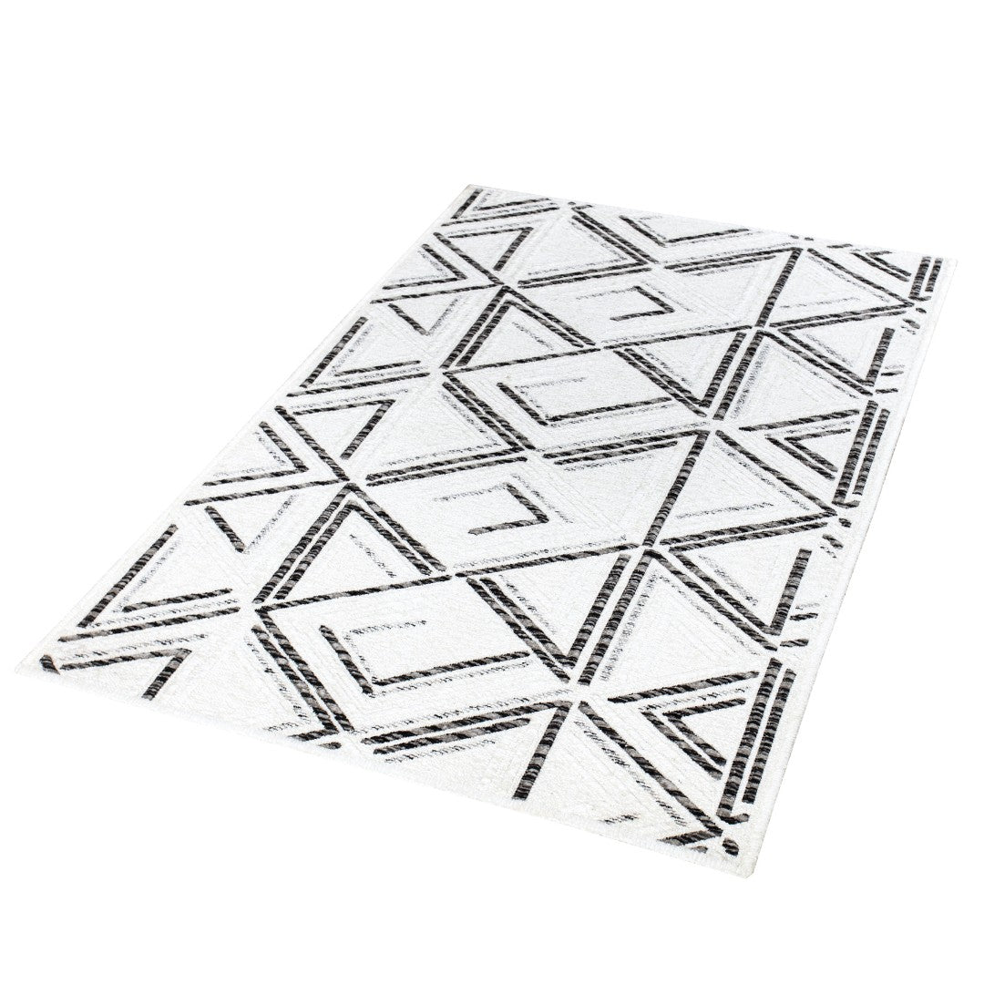 Machine washable reversible brown and white geometric area rug, eco-friendly recycled material, kid and pet friendly, tribal pattern, available in 3x5, 5x7, and 8x10 sizes