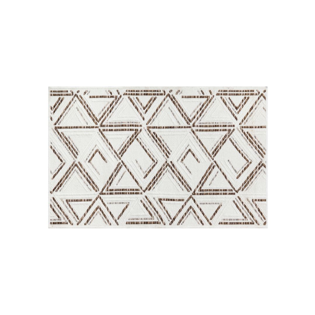 Machine washable reversible brown and white geometric area rug, eco-friendly recycled material, kid and pet friendly, tribal pattern, available in 3x5, 5x7, and 8x10 sizes