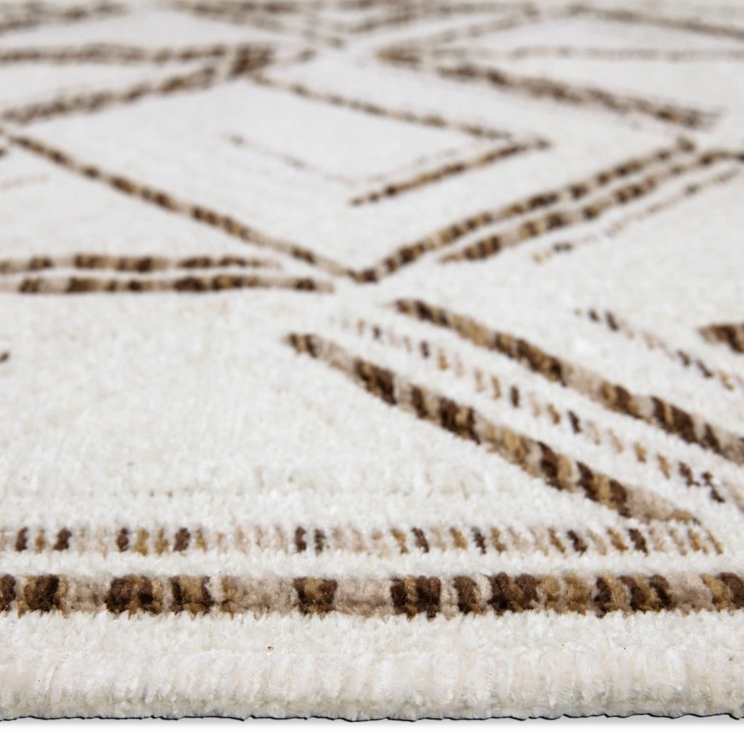 Machine washable reversible brown and white geometric area rug, eco-friendly recycled material, kid and pet friendly, tribal pattern, available in 3x5, 5x7, and 8x10 sizes