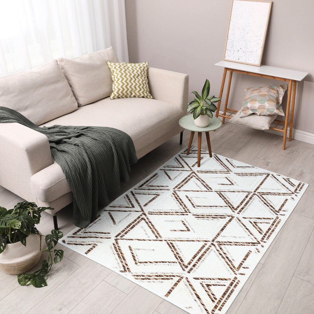 Machine washable reversible brown and white geometric area rug, eco-friendly recycled material, kid and pet friendly, tribal pattern, available in 3x5, 5x7, and 8x10 sizes