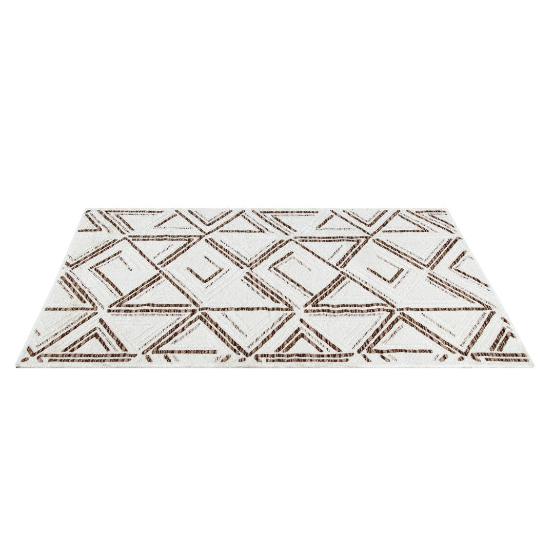 Machine washable reversible brown and white geometric area rug, eco-friendly recycled material, kid and pet friendly, tribal pattern, available in 3x5, 5x7, and 8x10 sizes