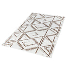 Machine washable reversible brown and white geometric area rug, eco-friendly recycled material, kid and pet friendly, tribal pattern, available in 3x5, 5x7, and 8x10 sizes