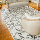 Machine washable reversible brown and white geometric area rug, eco-friendly recycled material, kid and pet friendly, tribal pattern, available in 3x5, 5x7, and 8x10 sizes