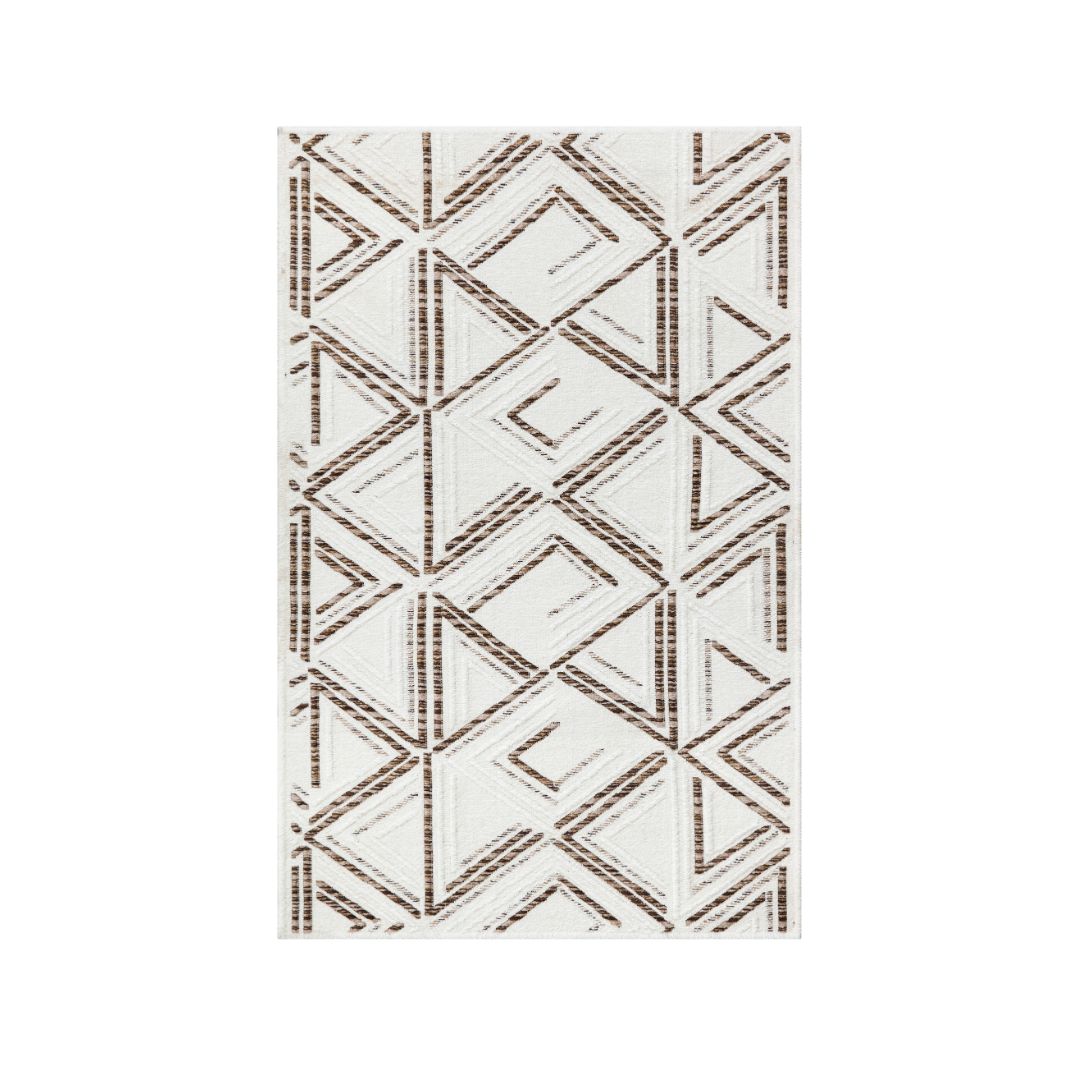 Machine washable reversible brown and white geometric area rug, eco-friendly recycled material, kid and pet friendly, tribal pattern, available in 3x5, 5x7, and 8x10 sizes