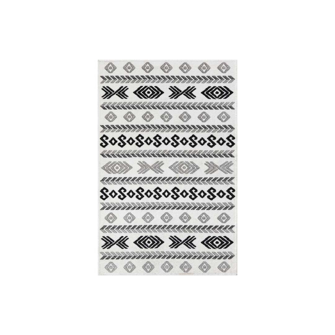 Machine washable reversible black and white geometric area rug, available in 3x5, 5x7, 8x10, made from recycled materials, kid and pet friendly