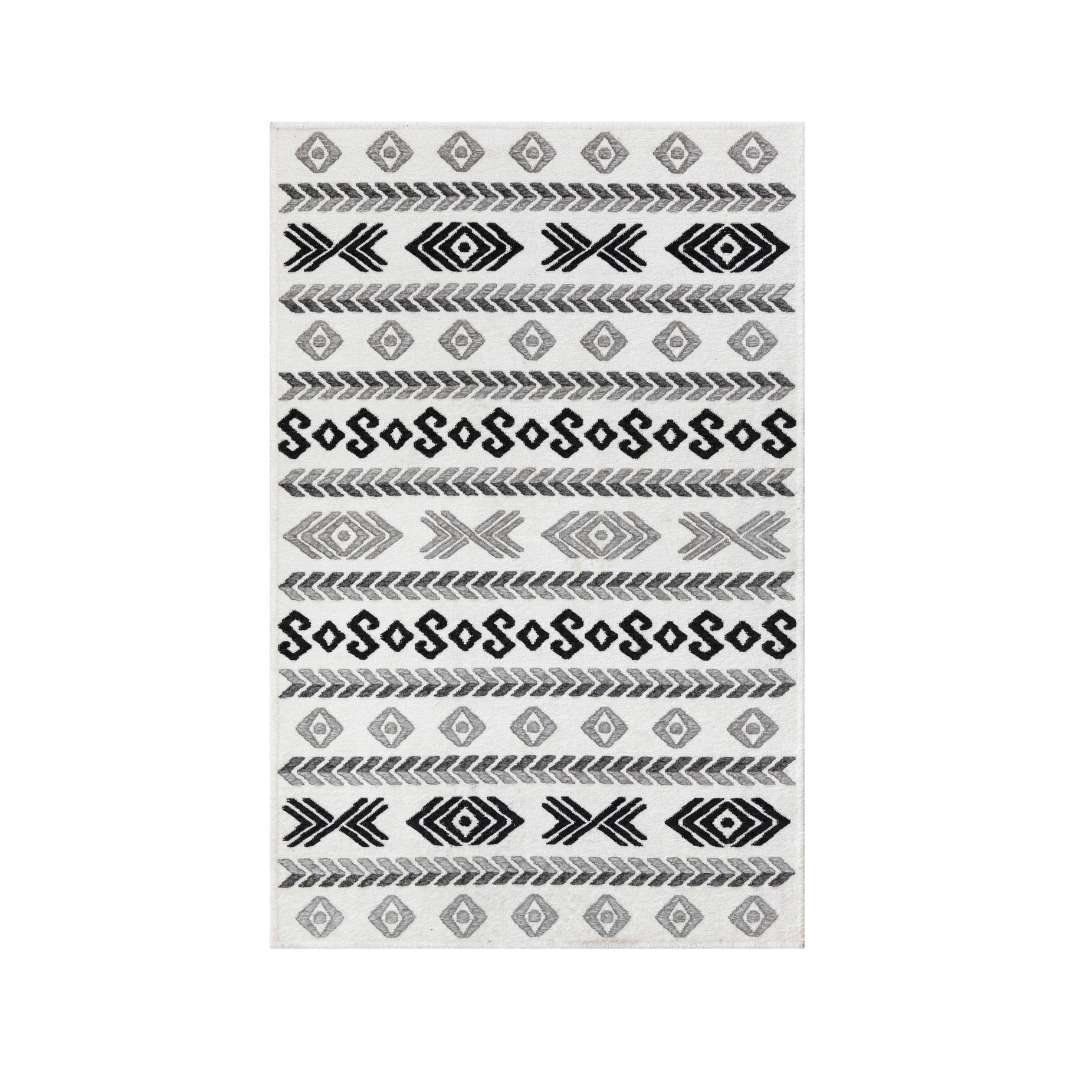 Machine washable reversible black and white geometric area rug, available in 3x5, 5x7, 8x10, made from recycled materials, kid and pet friendly