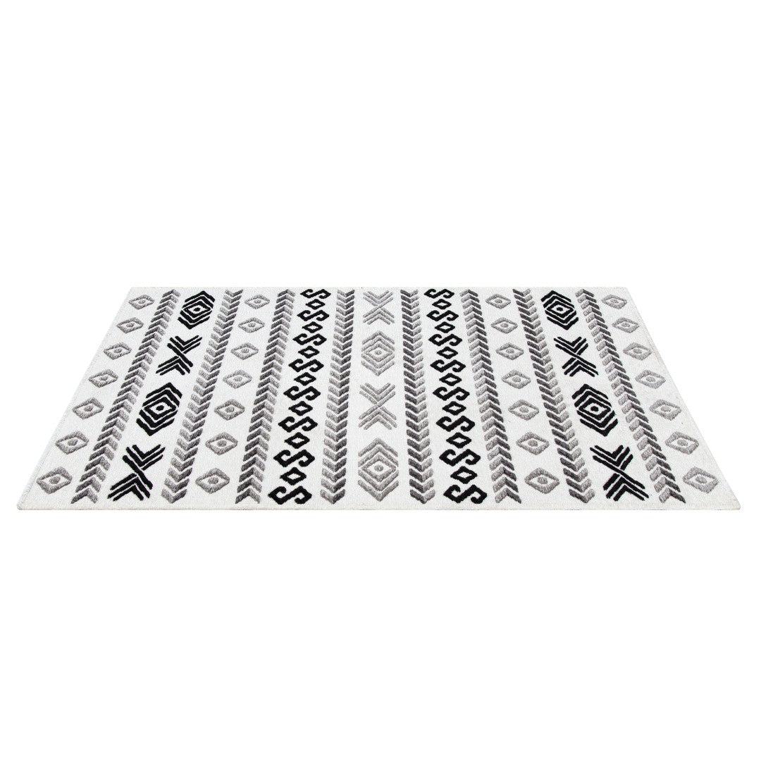 Machine washable reversible black and white geometric area rug, available in 3x5, 5x7, 8x10, made from recycled materials, kid and pet friendly