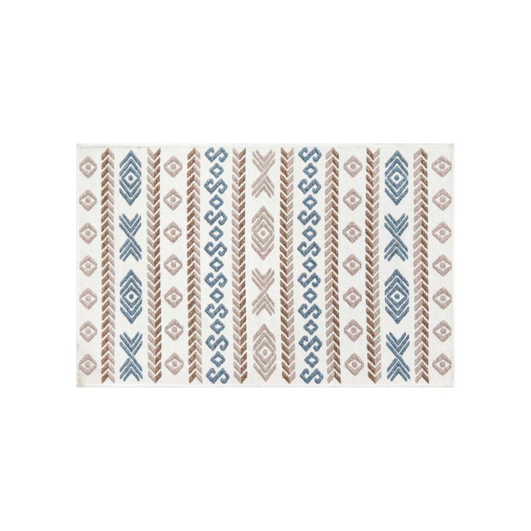 Machine Washable Reversible Geometric Tribal Area Rug, Blue & Beige, Eco-Friendly Recycled Material, Kid and Pet Friendly